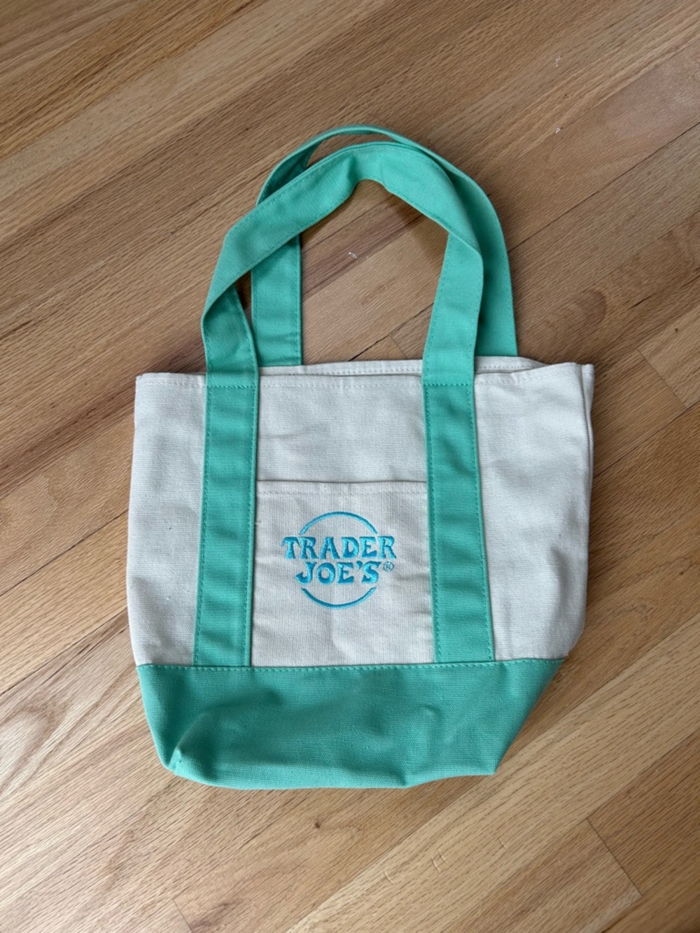 NWOT Trader Joe's Cream and Teal Canvas Tote Bag
